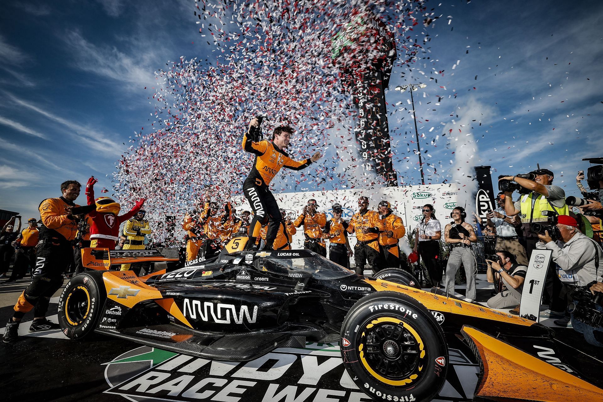 Pato O'Ward celebrates after winning the IndyCar Race 1 at Iowa Speedway - Source: Getty